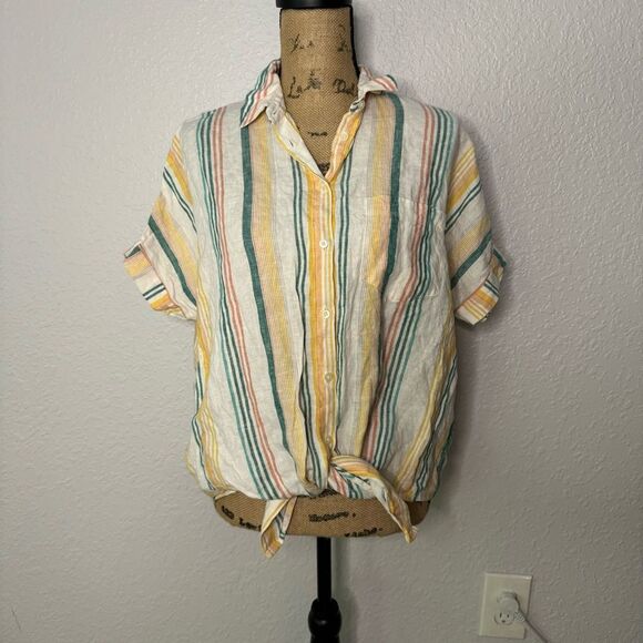 Madewell Linen Short-Sleeve Tie-Front Shirt Size S Pineapple Stripe Button Down - Picture 1 of 11
